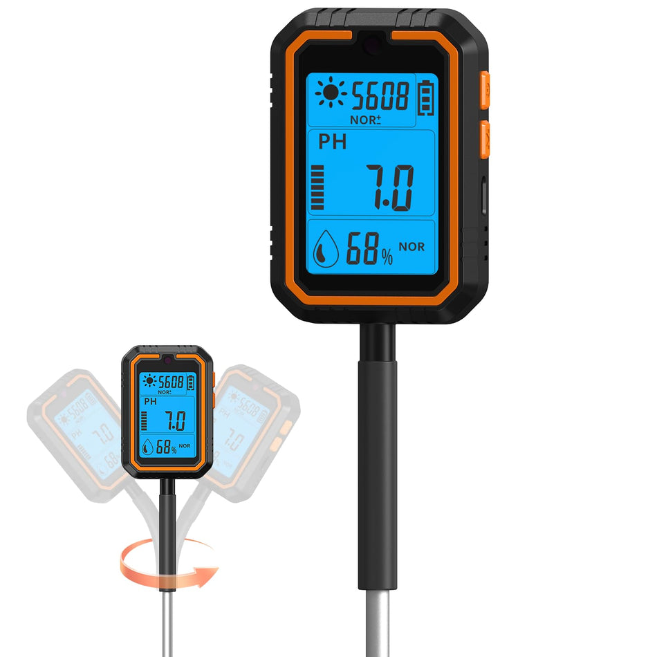 Qikktyay Soil Moisture Meter, 4-in-1 Rechargeable, 360° Rotating Head & Backlit Digital Soil Moisture, Soil pH Tester