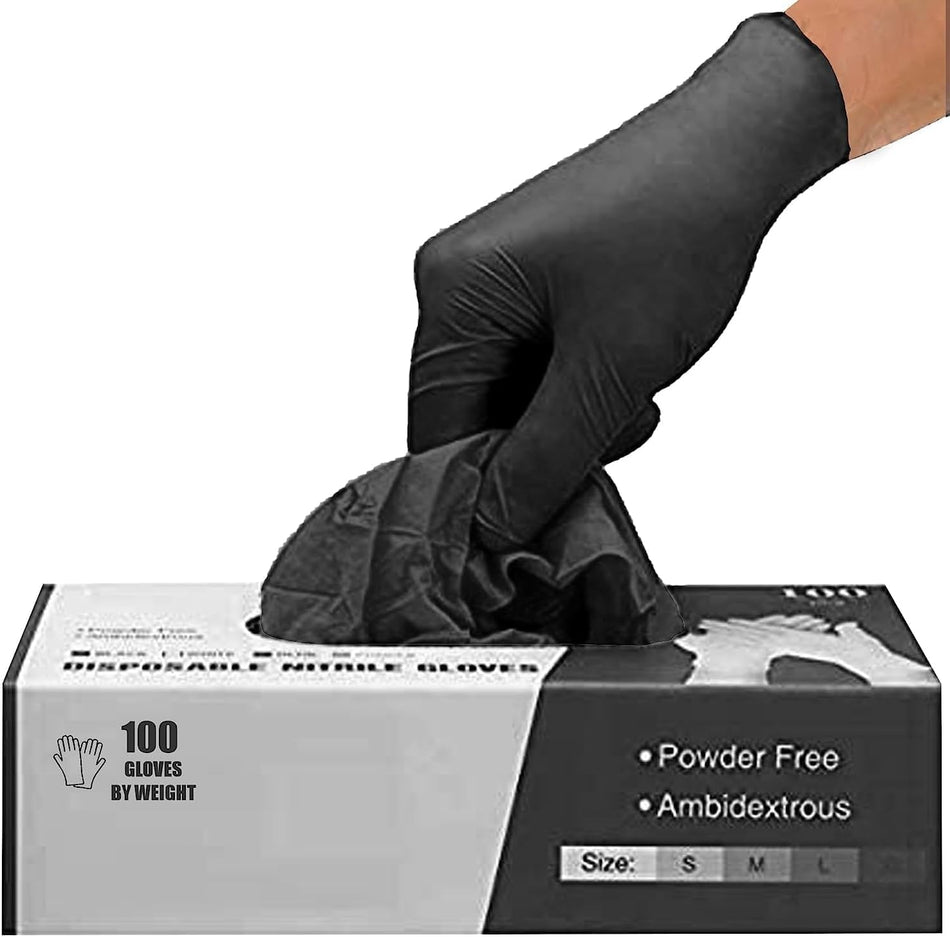 PRAIMA Black Nitrile Disposable Gloves - Latex-Free, Powder-Free, Pack of 100, Strong and Puncture-Resistant, Medical, Food Handling, Tatoo Barber Shop Gloves (Large)