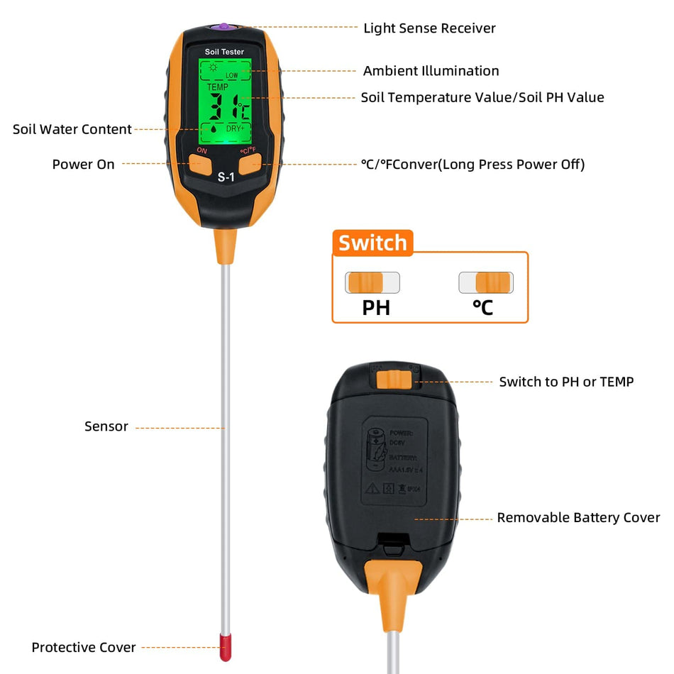 Mcbazel Soil Meter, 4-in-1 Digital Plant Soil Moisture Meter with PH/Temperature/Moisture/Light for Gardening, Lawn, Farming and Outdoor Plants