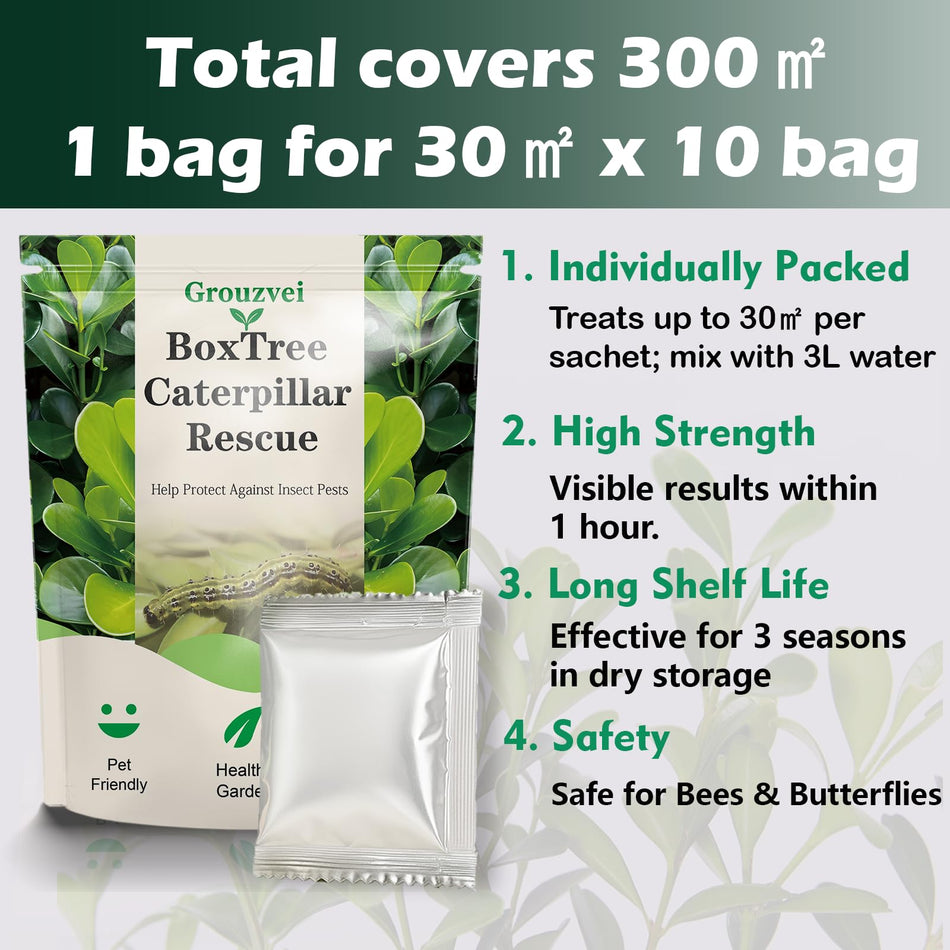 Grouzvei Box Tree Caterpillar Treatment -10 x 5g Packs, 300㎡ Total Coverage - Individually Wrapped,Safe for Bees & Birds, Supports Healthy Buxus Hed