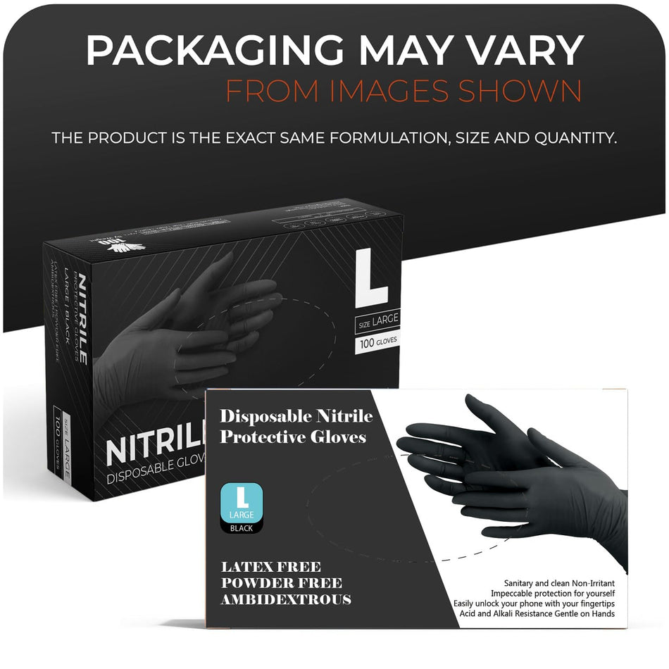 PRAIMA Black Nitrile Disposable Gloves - Latex-Free, Powder-Free, Pack of 100, Strong and Puncture-Resistant, Medical, Food Handling, Tatoo Barber Shop Gloves (Large)