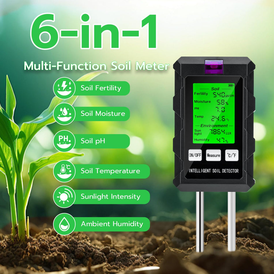 Wigearss 6 in 1 Digital Soil Moisture Meter, Soil Tester Kit for Plants with Humidity/PH/Fertility/Moisture/Temp/Sunlight