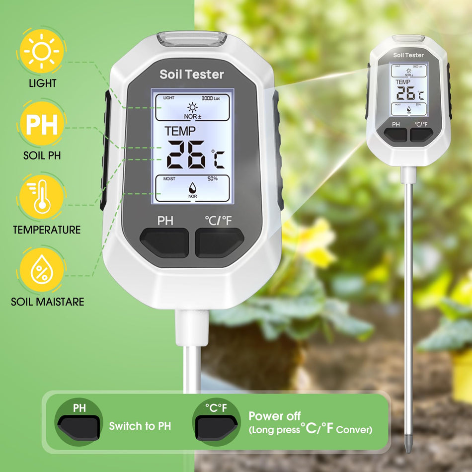 YAMRON 4-in-1 Soil Moisture Meter Digital Plant Temperature/Soil Moisture/PH Meter/Sunlight Intensity Backlight LCD Display Soil