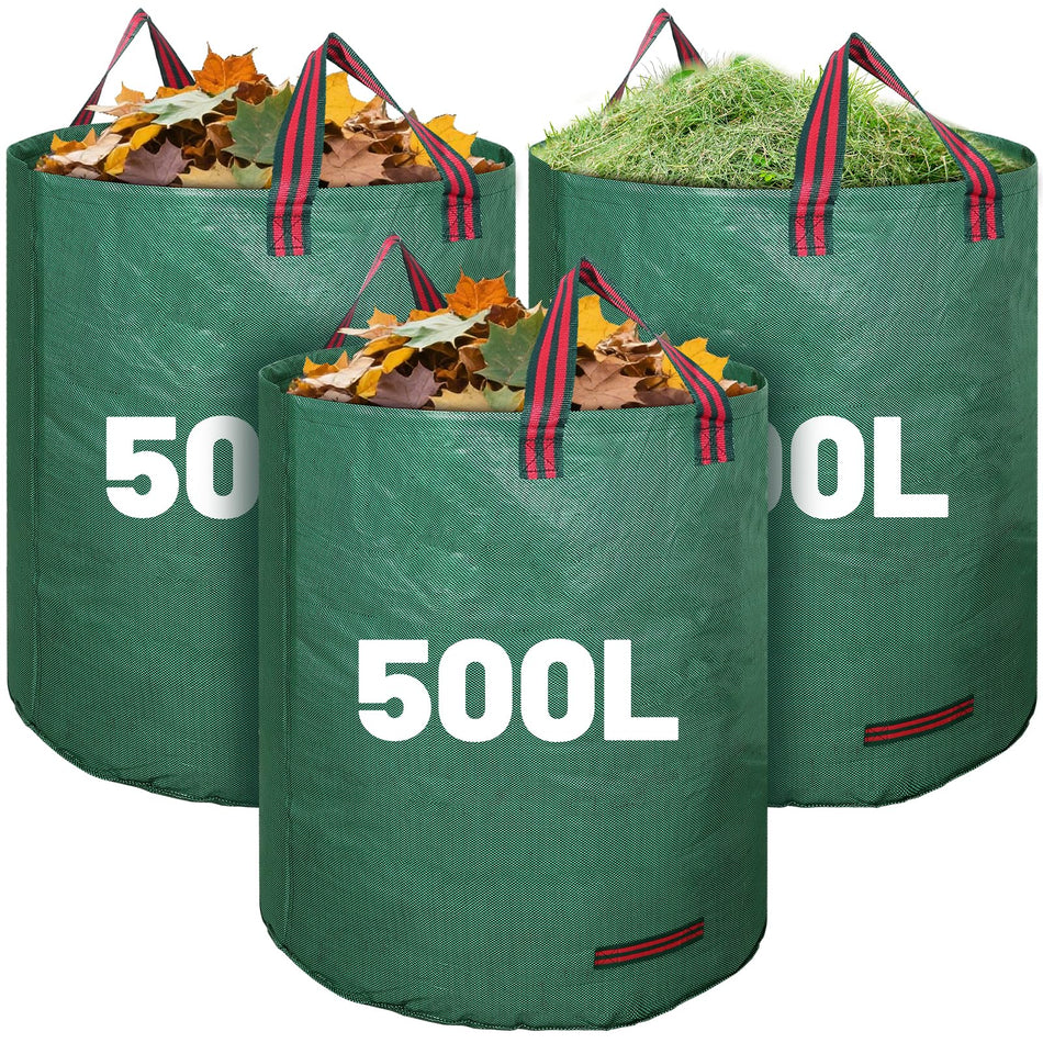 3 Pack 500L Large Garden Bag Leaf Collector, Heavy Duty Yard Waste Bags, Reusable Green Lawn Care Equipment for Collecting Grass, Leaves, Debris